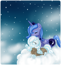 Size: 1232x1300 | Tagged: safe, artist:haruliina, princess luna, oc, oc:snowdrop, g4, cloud, cloudy, prone, s1 luna, snow