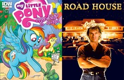 Size: 584x375 | Tagged: safe, idw, apple bloom, rainbow dash, tank, g4, cover, patrick swayze, road house