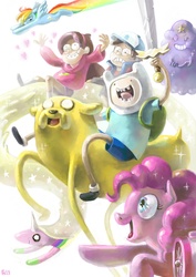 Size: 744x1052 | Tagged: safe, artist:fr-13, pinkie pie, rainbow dash, earth pony, pegasus, pony, g4, adventure time, crossover, dipper pines, finn the human, flying, gravity falls, heart, jake the dog, lady rainicorn, looking down, lumpy space princess, mabel pines, male, rainicorn