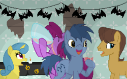 Size: 320x200 | Tagged: safe, artist:herooftime1000, berry punch, berryshine, blues, caramel, lemon hearts, noteworthy, earth pony, pony, unicorn, octavia in the underworld's cello, g4, backwards cutie mark, fan game, haunted house, nightmare night, pixel art, that pony sure does love punch