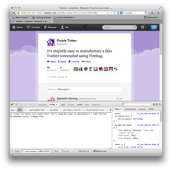 Size: 995x984 | Tagged: safe, oc, oc only, oc:purple tinker, disliked truth, fake, firebug, meta, purple tinker, text, truth, twitter