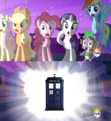 Size: 638x693 | Tagged: safe, applejack, fluttershy, pinkie pie, rainbow dash, rarity, spike, g4, alicorn flash, doctor who, exploitable meme, meme, ponyville, tardis