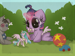 Size: 2263x1700 | Tagged: safe, artist:lolepopenon, princess celestia, smarty pants, twilight sparkle, pony, unicorn, g4, alternate hairstyle, baby, baby pony, babylight sparkle, ball, big ears, big eyes, brushie, car, cute, doll, fake wings, female, filly, fluffy, foal, magic, pacifier, pinklestia, sitting, solo, sweet dreams fuel, telekinesis, toy car, twiabetes, weapons-grade cute