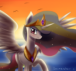 Size: 800x747 | Tagged: safe, artist:incinerater, princess celestia, bird, g4, female, solo, water