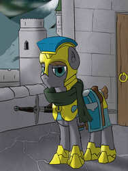 Size: 1050x1400 | Tagged: safe, artist:php49, derpibooru exclusive, pony, armor, castle, door, fluffy, frown, glare, goatee, looking at you, male, mountain, night, royal guard, solo, sword, weapon