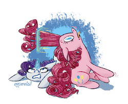 Size: 2340x1900 | Tagged: safe, artist:eggsammich, pinkie pie, rarity, g4, comb, frustrated, grooming, ouch, pain