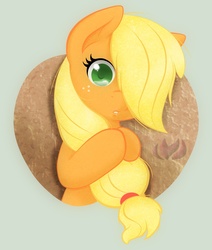 Size: 1000x1181 | Tagged: safe, artist:raininess, applejack, earth pony, pony, g4, female, hair over one eye, sad, solo, teary eyes