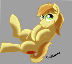 Size: 622x556 | Tagged: safe, artist:tuxisthename, braeburn, g4, gray background, hooves to the chest, lying down, on back, simple background, solo