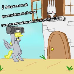 Size: 500x500 | Tagged: safe, derpy hooves, pegasus, pony, g4, boombox, boombox serenade, cloydes, female, fork, mare, movie reference, say anything, serenade, shipping, text