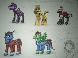 Size: 960x720 | Tagged: safe, artist:fmayang, crow t robot, gypsy(robot), joel robinson, mike nelson, mystery science theater 3000, ponified, self insert, simple background, tom servo, traditional art
