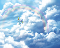 Size: 700x560 | Tagged: safe, artist:celesse, rainbow dash, pegasus, pony, g4, cloud, cloudy, day, female, flying, mare, rainbow, sky background, solo, spread wings, sunny day, wings