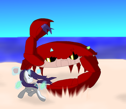 Size: 1280x1107 | Tagged: safe, rarity, crab, g4, beach, fight, rarity fighting a giant crab