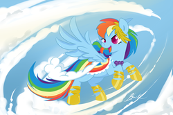 Size: 1202x800 | Tagged: safe, artist:caycowa, rainbow dash, pegasus, pony, g4, the best night ever, action pose, clothes, cloud, dress, female, gala dress, mare, open mouth, smiling, solo, windswept tail