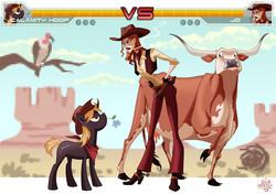 Size: 1250x880 | Tagged: safe, artist:jackpot-84, oc, oc only, cow, human, pony, cigarette, cloven hooves, cowgirl, female, fight, udder, video game