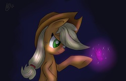 Size: 2974x1913 | Tagged: safe, artist:suplolnope, applejack, butterfly, earth pony, pony, g4, female, mare, smiling, solo
