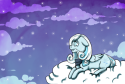 Size: 995x669 | Tagged: dead source, safe, artist:iceheartcell, oc, oc only, oc:snowdrop, pony, cloud, elderly, female, lying down, mare, older, older snowdrop, prone, sky, solo, stars