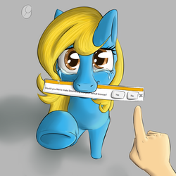 Size: 1200x1200 | Tagged: safe, artist:jellerjar, artist:lurkie-oh, oc, oc:internet explorer, human, pony, adventure in the comments, browser ponies, crying, cute, hand, internet explorer, mouth hold, ponified, pov, sad