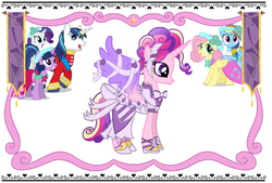 Size: 620x420 | Tagged: safe, princess cadance, rainbow dash, rarity, shining armor, twilight sparkle, g4, official, clothes, dress, game