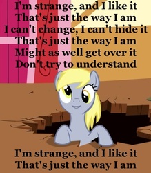 Size: 560x638 | Tagged: safe, derpy hooves, pegasus, pony, g4, female, image macro, inverted mouth, lyrics, mare, skye sweetnam, song reference, the buzz on maggie