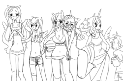 Size: 1280x840 | Tagged: safe, artist:costly, applejack, fluttershy, rainbow dash, rarity, spike, twilight sparkle, alicorn, crab, human, belly button, bikini, black and white, breasts, busty twilight sparkle, clothes, female, flutterdash, glasses, grayscale, horn, horned humanization, humanized, lesbian, line-up, mane seven, mare, midriff, monochrome, pictogram, rarijack, scared, shipping, sketch, swimsuit, twilight sparkle (alicorn), winged humanization, wings