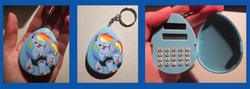 Size: 1417x504 | Tagged: safe, rainbow dash, g4, calculator, irl, keychain, merchandise, photo, pun, visual pun