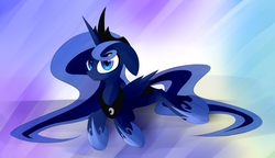 Size: 5000x2885 | Tagged: safe, artist:n_thing, princess luna, pony, g4, female, high res, looking at you, prone, solo