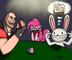Size: 979x816 | Tagged: dead source, safe, artist:icebreak23, pinkie pie, g4, crossover, heavy weapons guy, max (sam and max), poker, poker night at the inventory, sam and max, team fortress 2