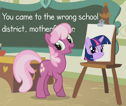 Size: 800x675 | Tagged: safe, cheerilee, twilight sparkle, earth pony, pony, unicorn, g4, chalkboard, cheerilee's clipboard meme, classroom, clipboard, crossing the memes, exploitable meme, female, mare, meme, memeception, ponyville schoolhouse, twiface, unicorn twilight, wrong neighborhood