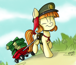 Size: 2896x2496 | Tagged: safe, artist:killryde, tag-a-long, earth pony, pony, g4, cart, charity, clothes, cookie, cute, female, filly guides, freckles, solo, thin mint, uniform