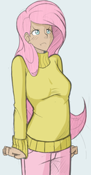 Size: 394x750 | Tagged: safe, artist:allosaurus, artist:sallymon, fluttershy, human, g4, angry, clothes, cute, female, humanized, moe, shyabetes, solo, sweater, sweatershy