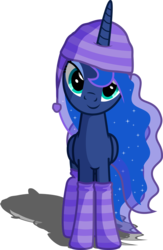 Size: 3220x4936 | Tagged: dead source, safe, artist:austiniousi, princess luna, alicorn, pony, g4, clothes, cute, female, hat, head tilt, lidded eyes, looking at you, lunabetes, mare, shadow, simple background, smiling, socks, solo, striped socks, transparent background