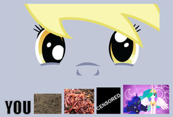 Size: 1222x828 | Tagged: safe, derpy hooves, princess celestia, princess luna, pegasus, pony, worm, g4, censored, derpy's stool, dirt, dragon ball, dragonball z abridged, female, mare, pecking order