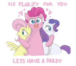 Size: 617x535 | Tagged: safe, artist:bikkisu, fluttershy, pinkie pie, rarity, g4, hug, ship:flarity, shipping, shipping denied, text