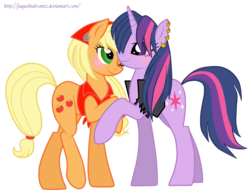 Size: 1597x1253 | Tagged: dead source, source needed, safe, artist:jaquelindreamz, applejack, twilight sparkle, ask human twijack, g4, duo, female, lesbian, ship:twijack, shipping