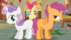 Size: 1235x704 | Tagged: safe, screencap, apple bloom, scootaloo, sweetie belle, pegasus, pony, unicorn, call of the cutie, g4, cutie mark crusaders, female, filly, flank, foal, out of context