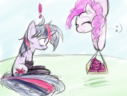 Size: 1024x768 | Tagged: safe, artist:thattagen, pinkie pie, twilight sparkle, g4, clothes, pocky, socks, sockypockytwi