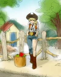 Size: 1280x1600 | Tagged: safe, artist:dawkinsia, applejack, human, g4, apple, basket, belt, clothes, cowboy vest, female, fence, humanized, solo, torn clothes