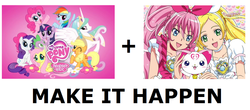 Size: 1214x532 | Tagged: safe, applejack, fluttershy, pinkie pie, princess celestia, rainbow dash, rarity, spike, twilight sparkle, g4, crossover, exploitable meme, hilarious in hindsight, it happened, make it happen, mane six, pretty cure, suite precure, suite pretty cure