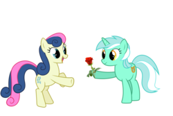 Size: 3000x2000 | Tagged: safe, bon bon, lyra heartstrings, sweetie drops, earth pony, pony, unicorn, g4, bipedal, female, flower, lesbian, rearing, rose, ship:lyrabon, shipping, simple background, smiling, transparent background, vector