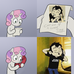 Size: 687x688 | Tagged: safe, sweetie belle, g4, blushing, call me for a good time, dan, dan vs, exploitable meme, meme, phone, sweetie's note meme