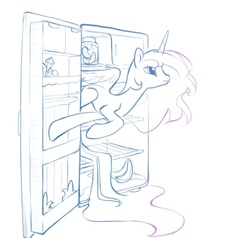 Size: 617x588 | Tagged: safe, artist:tomatocoup, princess celestia, alicorn, pony, g4, female, hiding, mare, missing accessory, peeking, pony in fridge, refrigerator, smiling, solo, wat