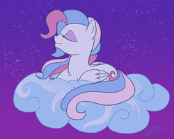 Size: 2000x1610 | Tagged: dead source, safe, artist:probablyfakeblonde, star catcher, pegasus, g3, g4, 2012, cloud, eyes closed, eyeshadow, female, folded wings, g3 to g4, generation leap, gradient background, lying down, lying on a cloud, makeup, mare, night, night sky, on a cloud, purple background, signature, simple background, sky, stars, wings