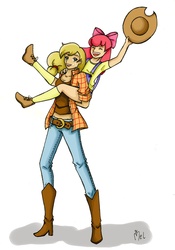 Size: 1417x2021 | Tagged: safe, artist:yuichan90, apple bloom, applejack, human, g4, duo, humanized