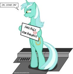 Size: 2901x2923 | Tagged: safe, artist:negasun, lyra heartstrings, pony, unicorn, g4, bipedal, hug, hug request, humie, sign, simple background, solo, transparent background