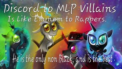 Size: 1920x1080 | Tagged: safe, discord, king sombra, nightmare moon, queen chrysalis, g4, antagonist, eminem, rap, rapper, text