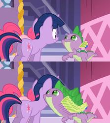 Size: 1434x1608 | Tagged: safe, edit, edited screencap, screencap, pinkie pie, spike, twilight sparkle, g4, are you frustrated?, spike has a crush on rarity, wat
