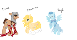 Size: 1078x559 | Tagged: safe, artist:venetianmasked, ghost, armor, beatrice (dante's inferno), cloud, dante alighieri, dante's inferno, ponified, tassels, virgil