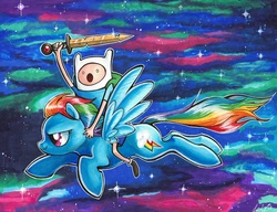 Size: 1000x766 | Tagged: safe, artist:lizspit, rainbow dash, pegasus, pony, g4, adventure time, female, finn the human, male, mare, marker drawing, sword, traditional art