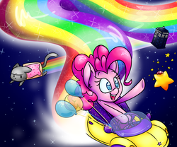 Size: 1200x1000 | Tagged: safe, artist:lemon-heartss, pinkie pie, cat, earth pony, pony, g4, awesome, balloon, car, crossover, doctor who, driving, kirby (series), nyan cat, rainbow, solo focus, space, stars, tardis, warp star