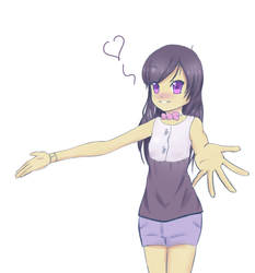 Size: 1280x1371 | Tagged: safe, artist:inkintime, octavia melody, human, ask little octavia, g4, blushing, bowtie, clothes, cute, female, grin, heart, hug, humanized, little octavia, looking at you, shorts, skinny, smiling, solo, thin, tumblr, younger